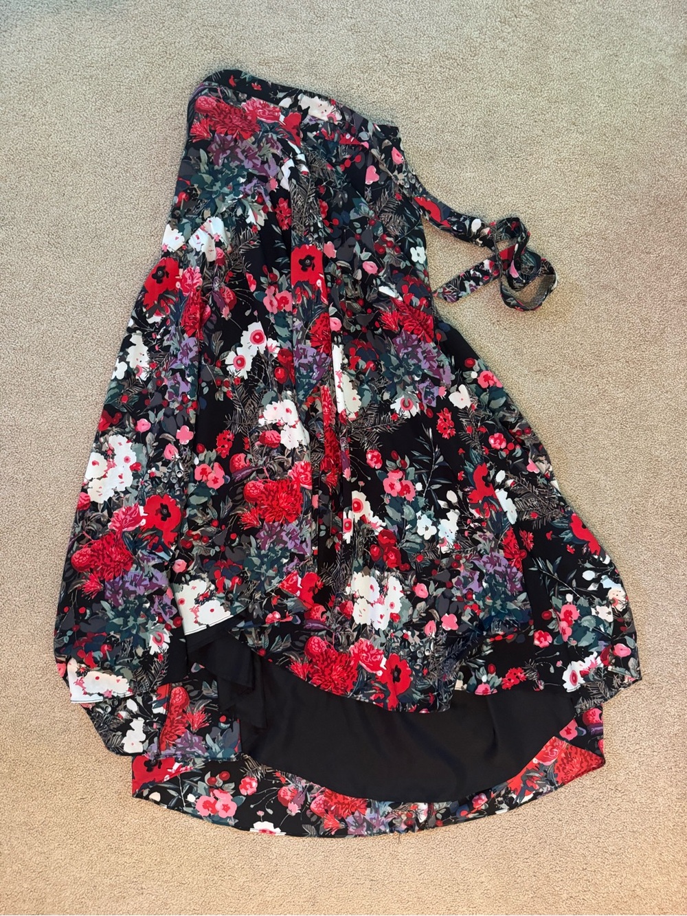 Hutch Black Floral High-Low Skirt with Red & White Blooms